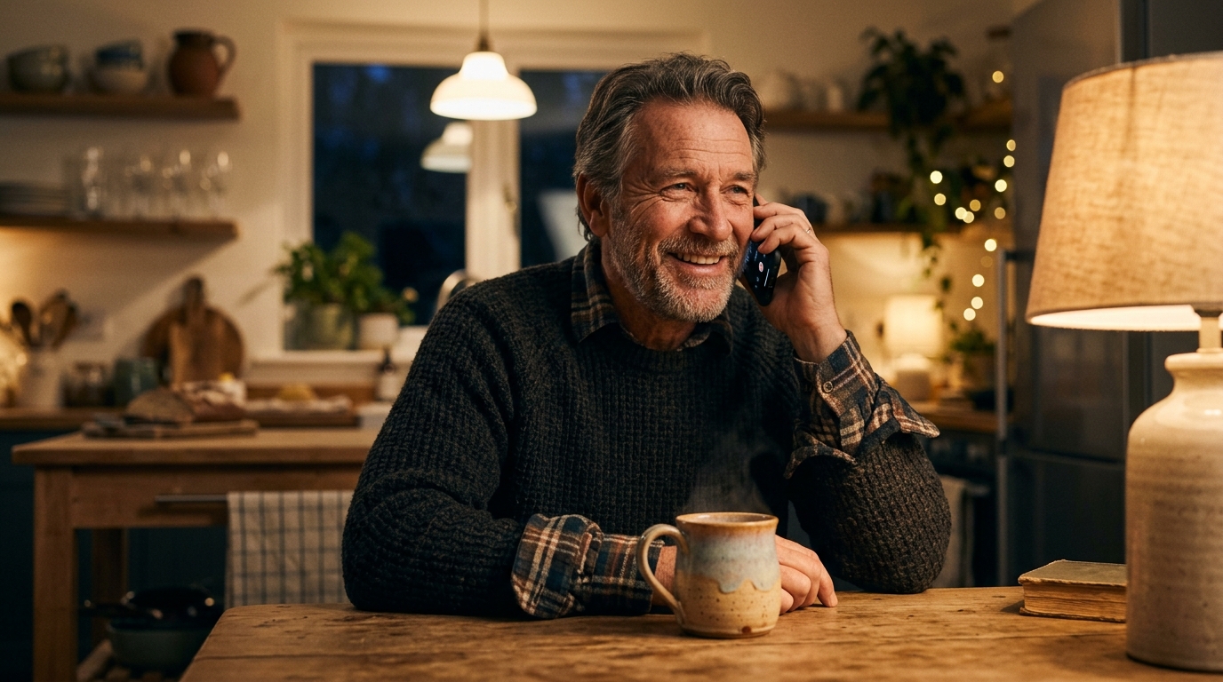 Man at kitchen table in the evening holding his phone and smiling