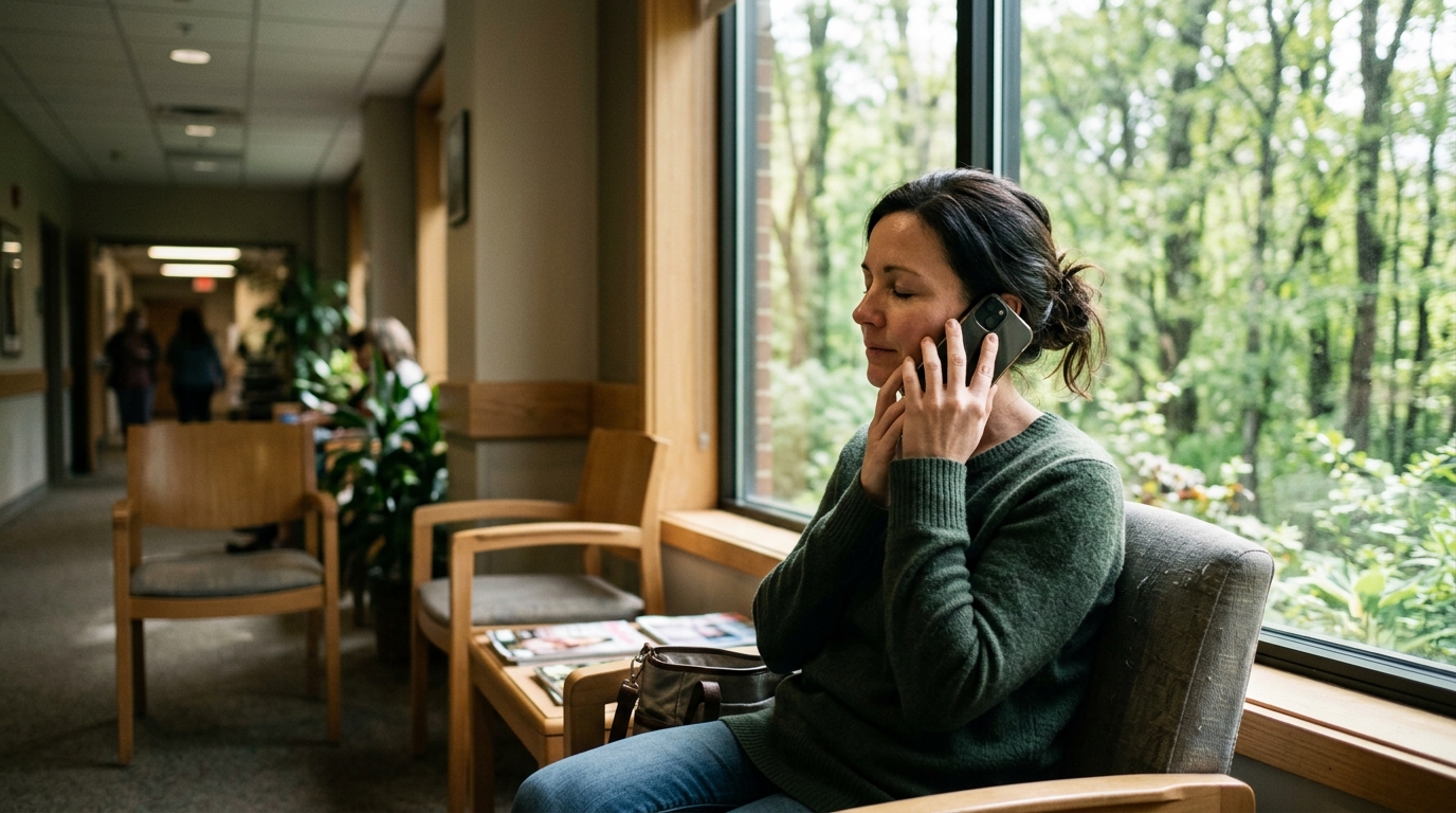 Woman sitting peacefully by a hospital window in prayer