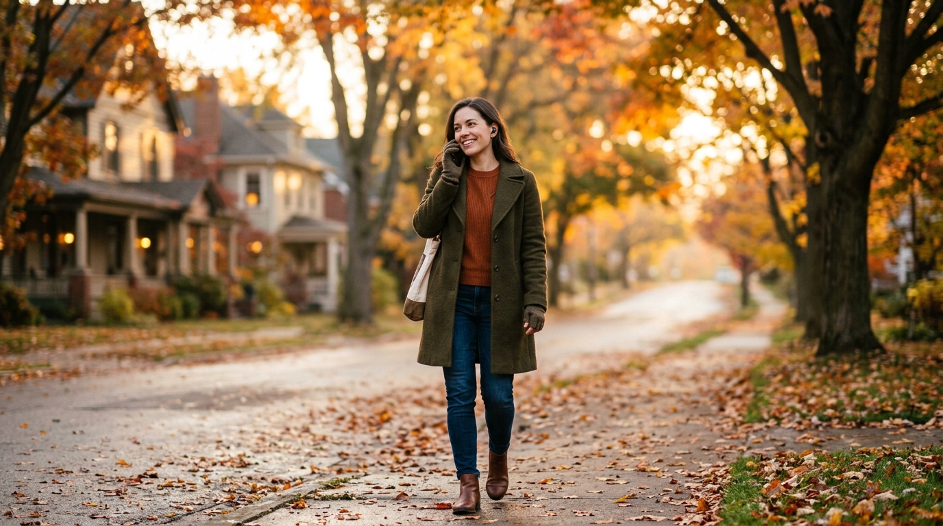 A woman on a quiet morning walk speaking on the phone with PrayPal